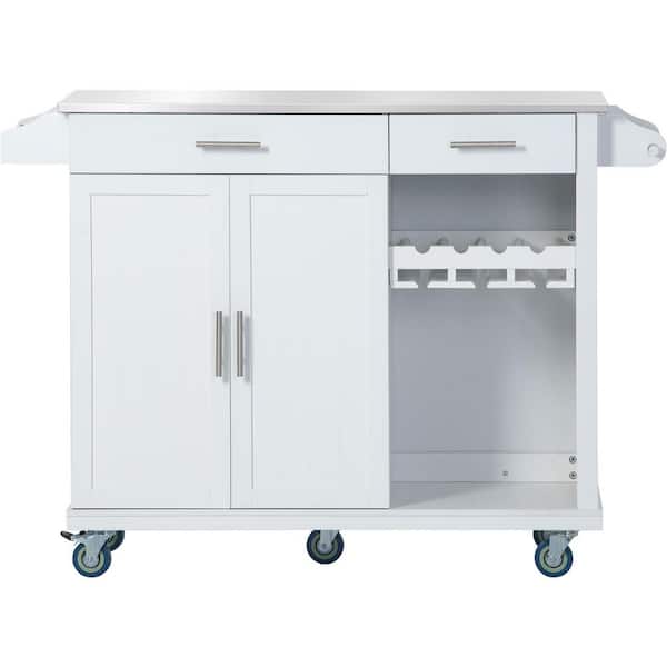 Tileon White Kitchen Cart With Stainless Steel Top and Storage Cabinet, Kitchen Island on Wheels With wine rack