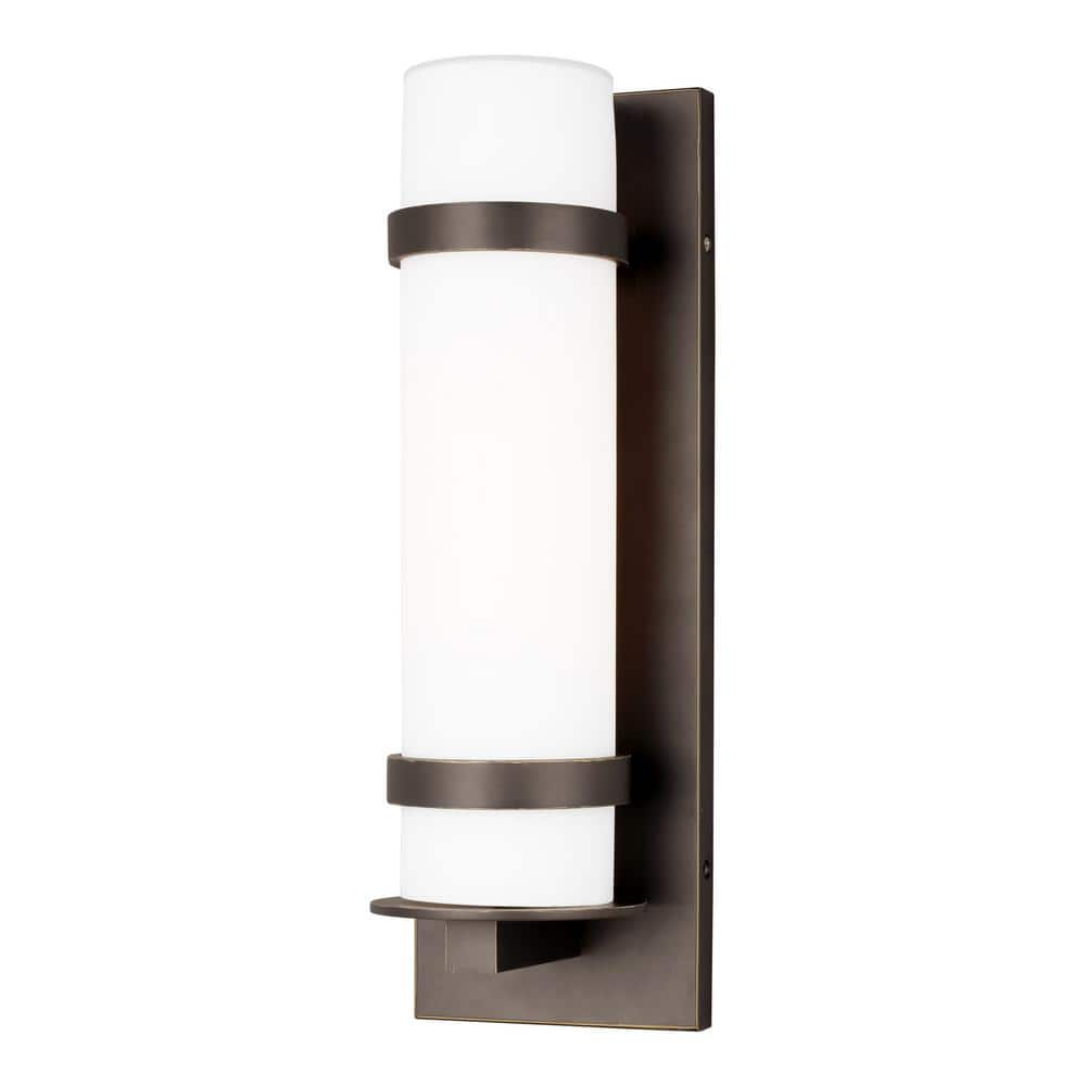 Generation Lighting Alban Medium 1-Light Antique Bronze Outdoor Wall Lantern Sconce With Round Etched Opal Glass Shade