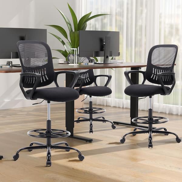 Ergonomic Tall Mesh Seat Adjustable Height Office Drafting Chair in Black with Fixed Armrests for Standing Desk