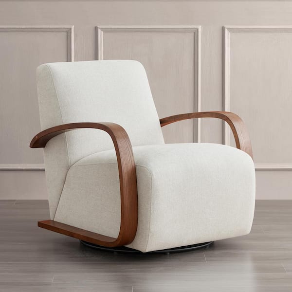 Ella Linen Fabric Swivel Accent Chair with U-shaped Walnut Solid Wood Arm Modern Armchair for Living Room or Bedroom