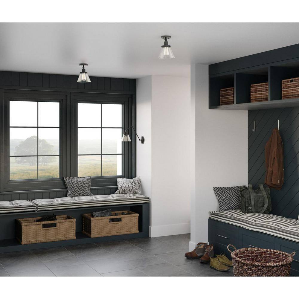 Matte Black and Seeded Glass Industrial Flush Mount Ceiling Light