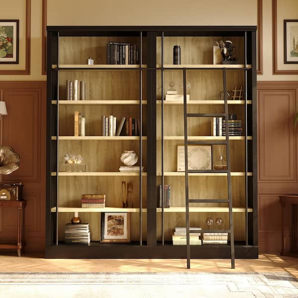 86.6 in. Tall Black Oak Wood 6-Shelf Ladder Library Bookcase with Rolling Ladder, Ample Open Storage, Sturdy frame