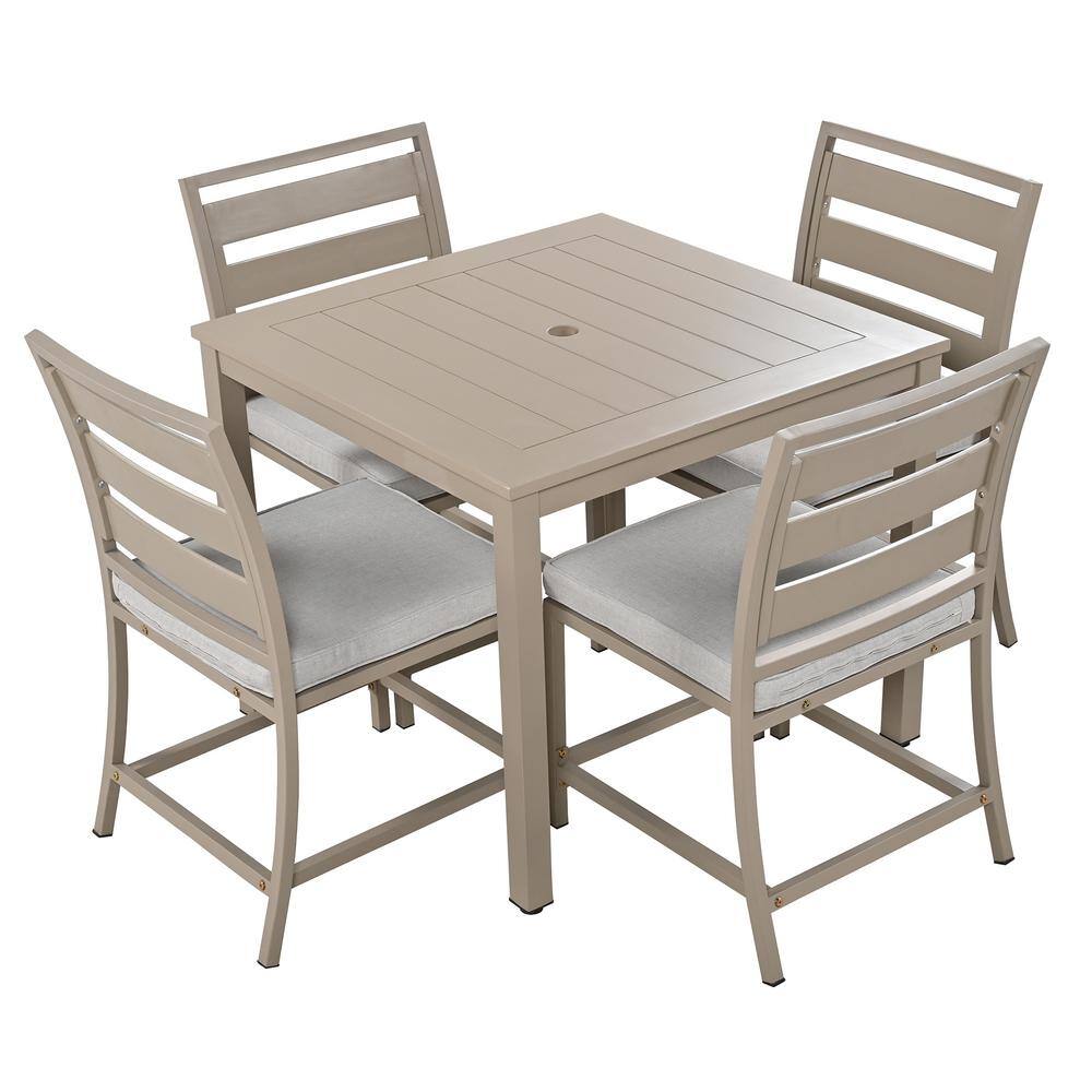 Brown Gray 5-Piece Metal Outdoor Dining Set with Gray Cushion, 4 Chair + 1 Table