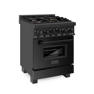 24 in. 4 Burner Single Oven Gas Range with Brass Burners in Black Stainless Steel