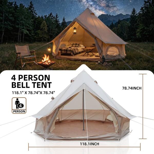Flynama 9.8FT Beige 4-Season Bell Tent, Glamping Yurt with Stove