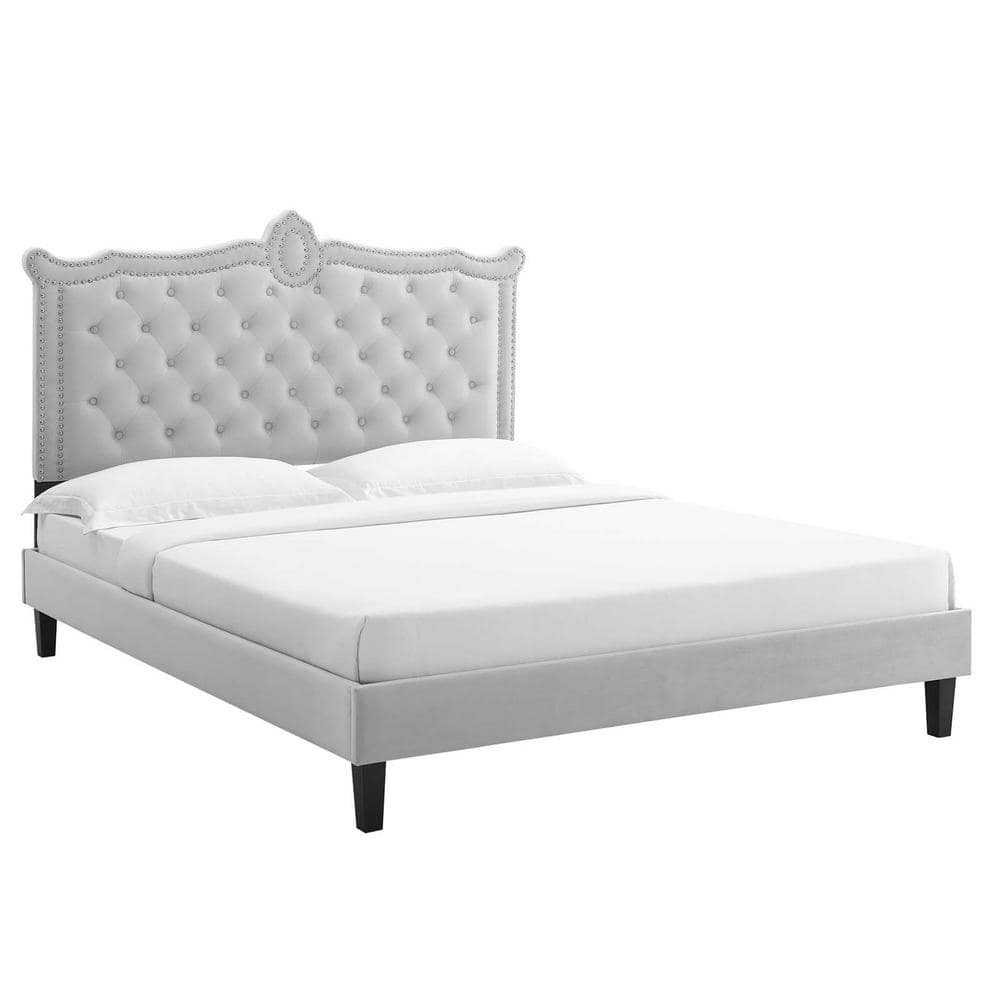MODWAY Light Gray Wood Frame Clara Performance Velvet Queen Platform Bed with Black Wood Legs