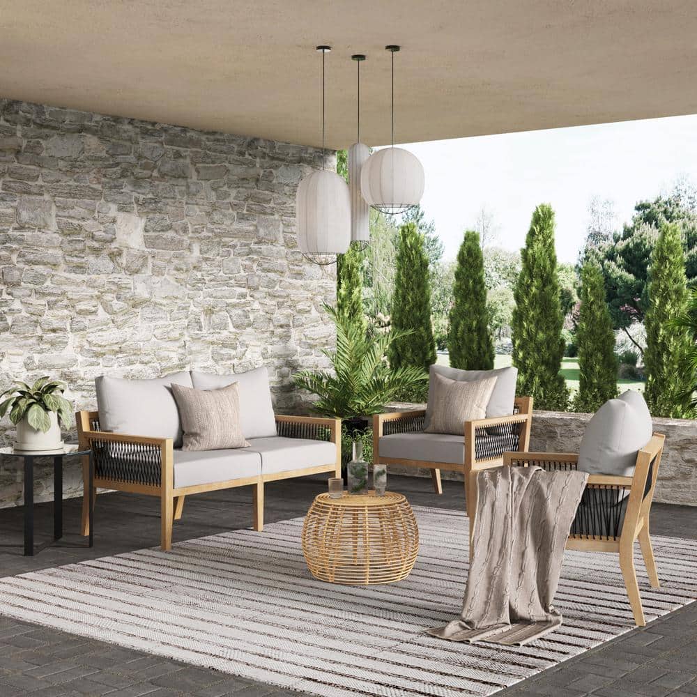 Freya Light Brown Acacia Wood Outdoor Seating Set with Gray Cushions