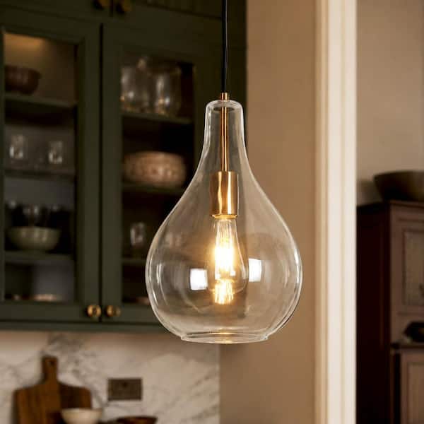 1-Light Modern Electroplated Brass Teardrop Pendant Light with Clear Glass Shade