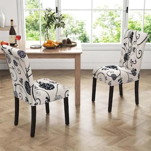 Elegant Floral White and Black Linen Fabric Upholstered Curved Back Parsons Chair (Set of 2)