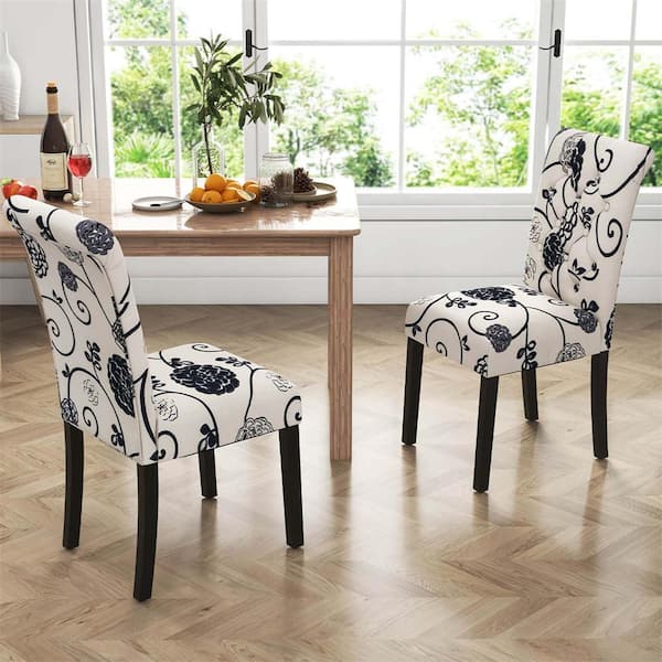Costway Elegant Floral White and Black Linen Fabric Upholstered Curved Back Parsons Chair (Set of 2)