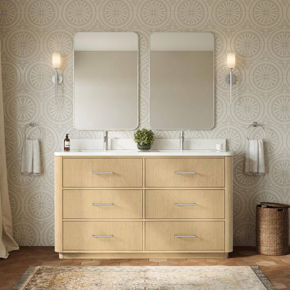 Francesca 60 in. Double Freestanding Scandinavian Oak with Brushed Nickel Trim Bath Vanity with White Quartz Top price history on PriceWatchPro