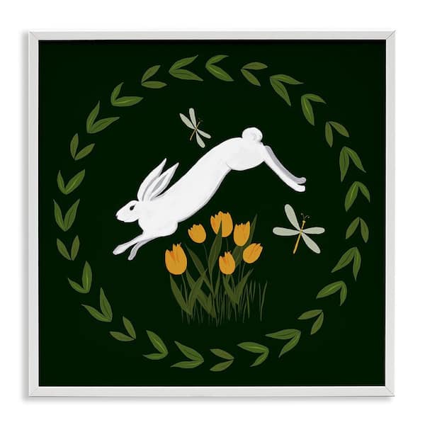 Stupell Industries Bunny Hopping in Wreath by Michelle Ingari Designs White Framed Animal Giclee Art Print 12 in. x 12 in.