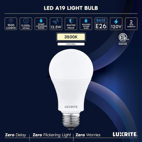 100-Watt Equivalent A19 LED Light Bulb 3500 K Natural White 12.5 W 1500LM Non-Dimmable E26 ETL Listed Damp Rated 8 Pack