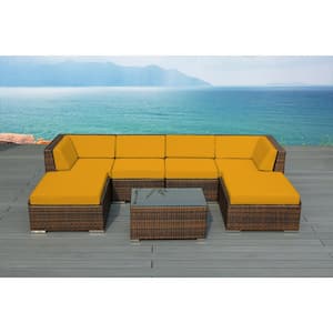 Ohana Mixed Brown 7-Piece Wicker Patio Seating Set with Sunbrella Sunflower Yellow Cushions