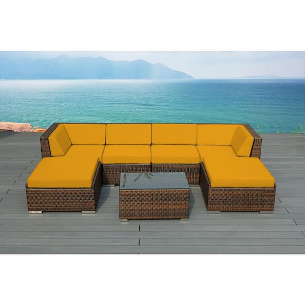 Ohana Depot Ohana Mixed Brown 7-Piece Wicker Patio Seating Set with Sunbrella Sunflower Yellow Cushions