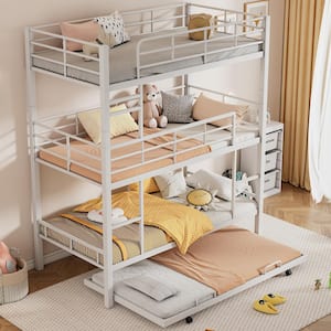 Detachable Style White Twin Size Metal Triple Bunk Bed with 2-Ladders, Twin Trundle