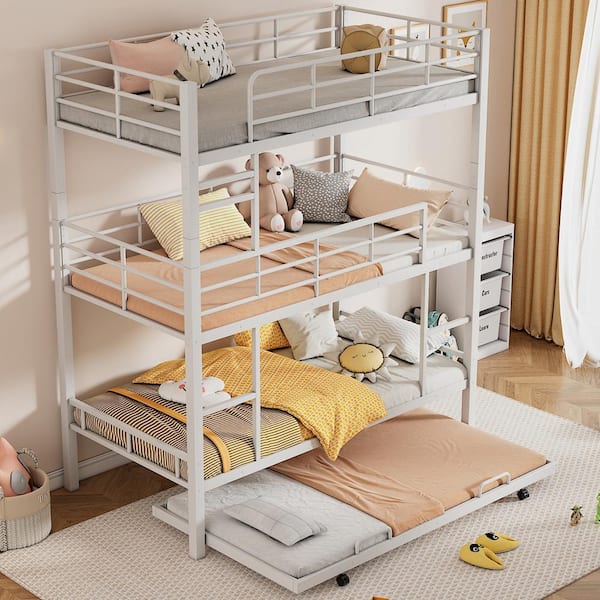 Harper & Bright Designs Detachable Style White Twin Size Metal Triple Bunk Bed with 2-Ladders, Twin Trundle
