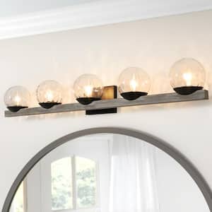 39 in. 5-Light Matte Black Industrial Bathroom Vanity Light with Faux Wood Metal Accent
