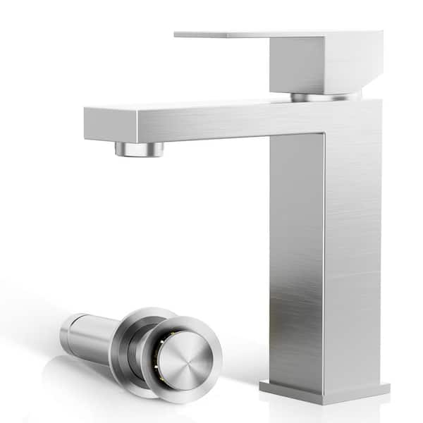 Phiestina Single Handle 1 Hole Bathroom Faucet, Single Hole Vanity FaucetPop-Up Drain and Water Supply Lines  Brushed Nickel