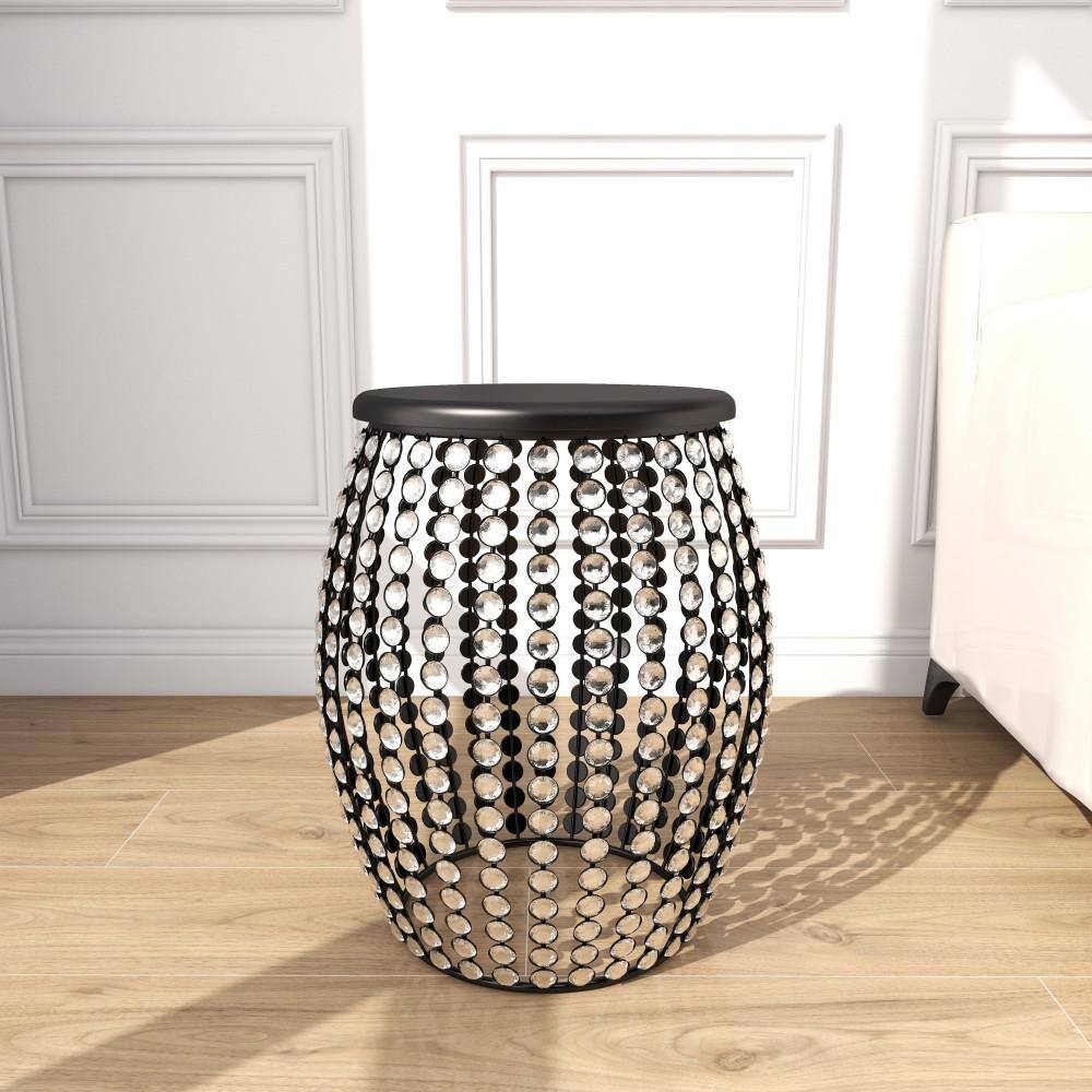 Glam Black Iron and Wood Round Accent Table with Crystal Embellishments
