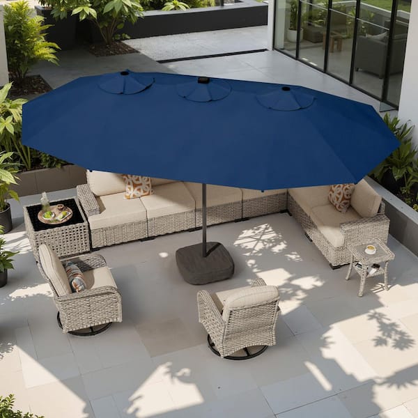 Alpine B 15 ft. Solar Colour LED Light Outdoor Double-Sided Market Patio Umbrella, UV Protection with Base in Navy Blue