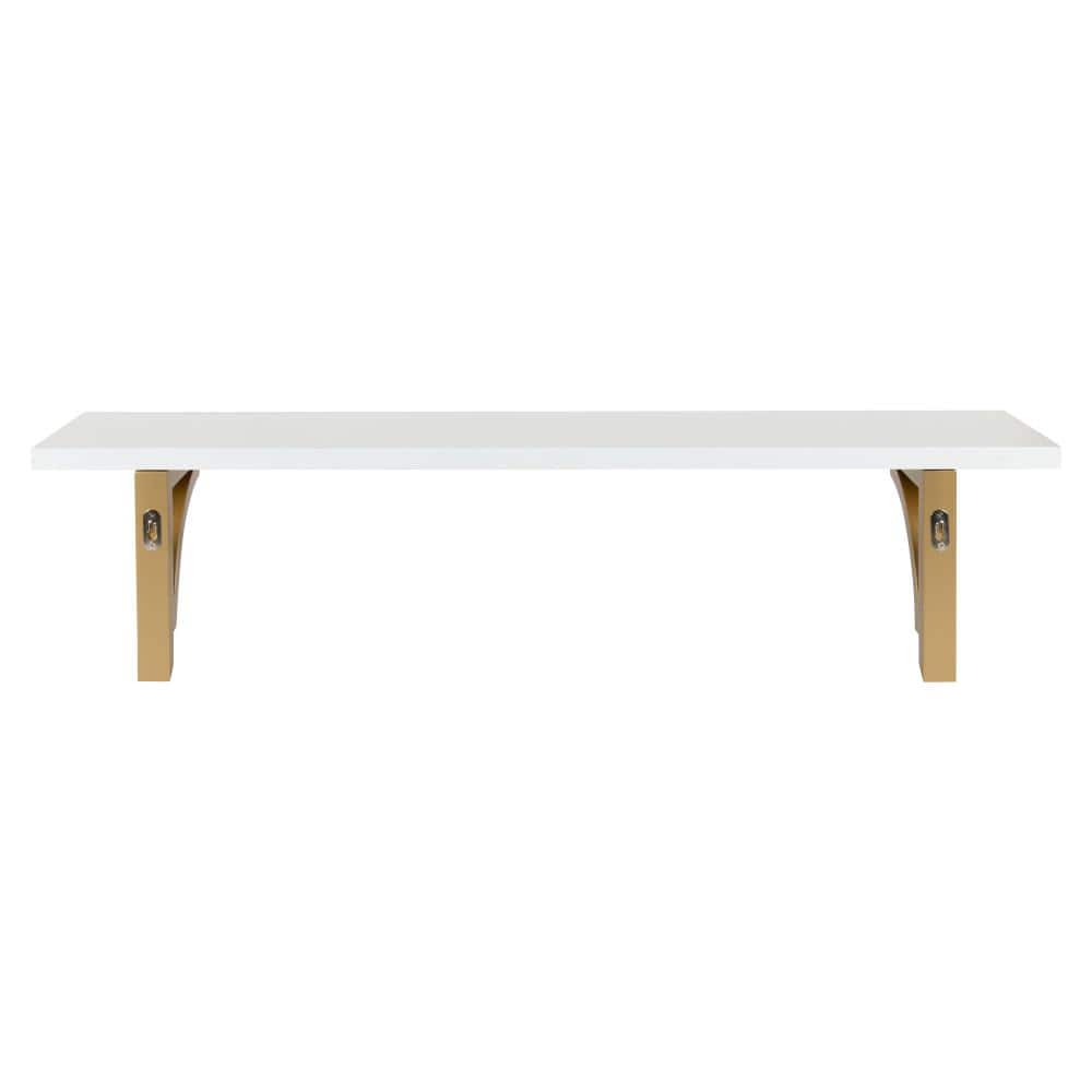 36" White and Gold Floating Wood Wall Shelf