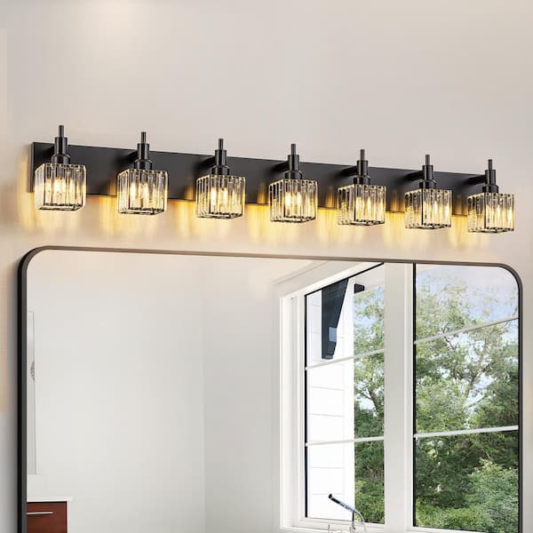 Orillia 51.18 in. 7-Light Modern Black Bathroom Vanity Light with Crystal Shades