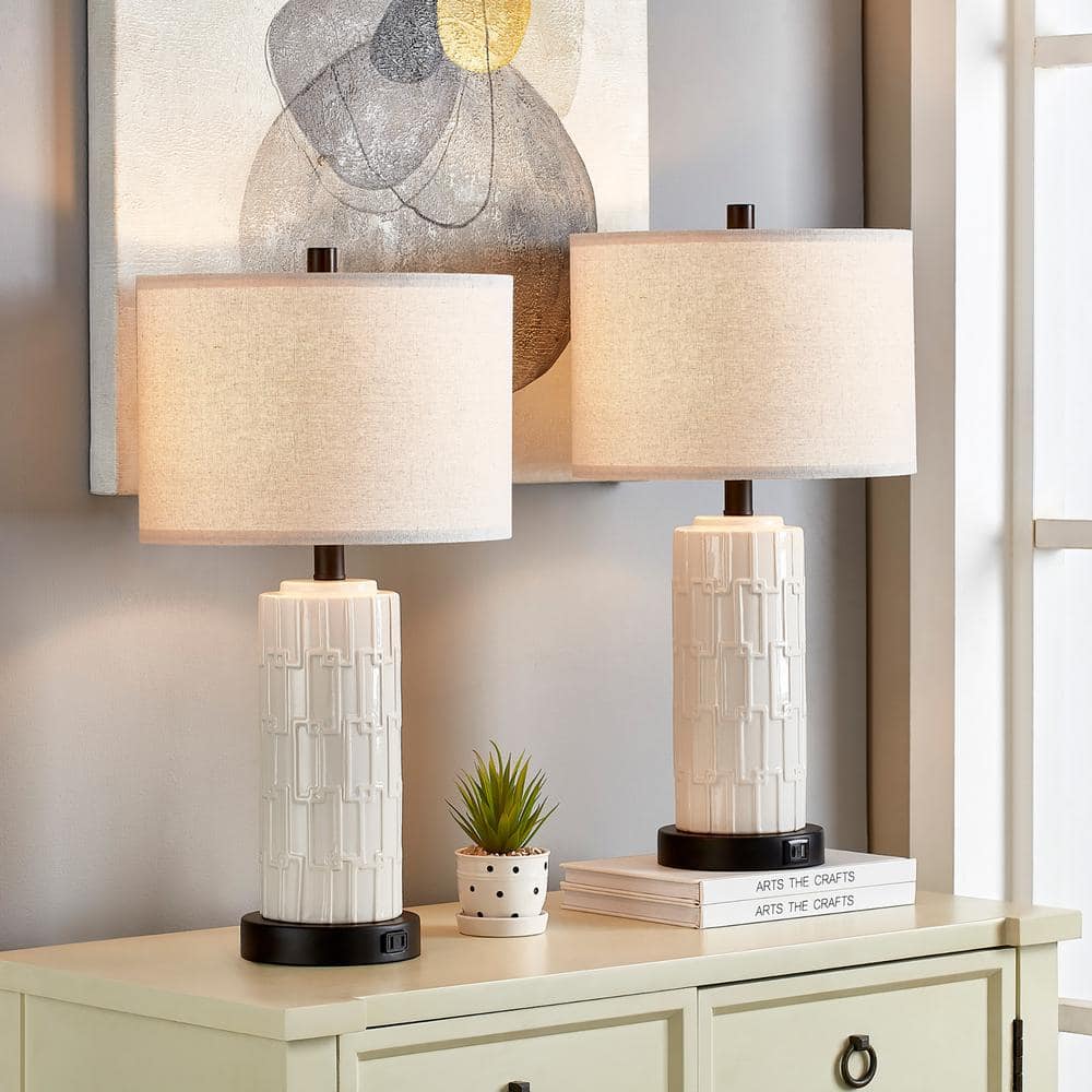 White Ceramic Table Lamp Set with USB Port and Linen Shade