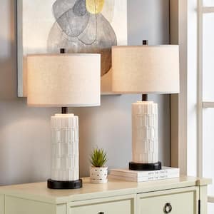 23 in. White Glazed Ceramics Table Lamp Set with Bulbs, Touch Control, Dual USB Ports and AC Outlet (Set of 2)