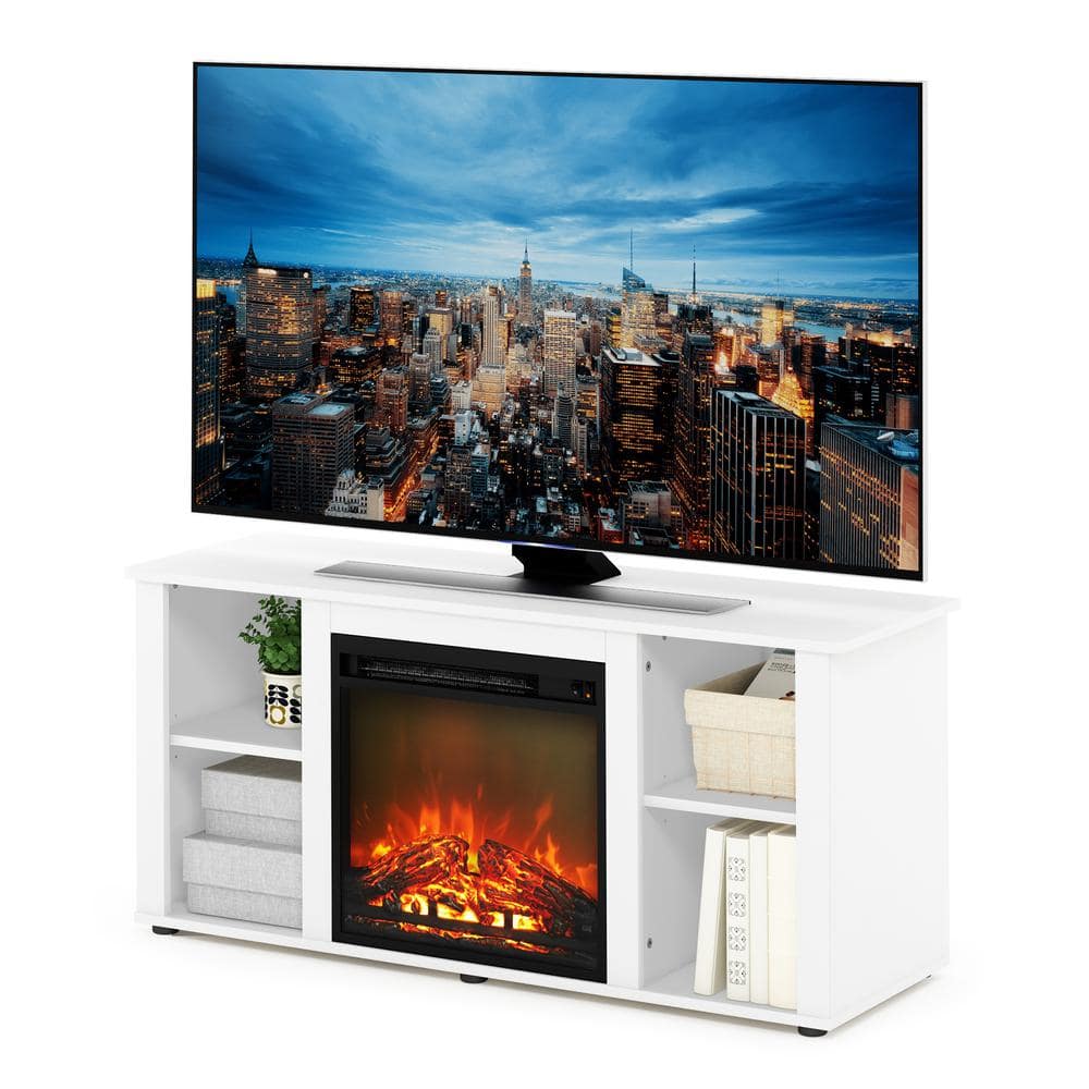 Solid White Composite Wood TV Stand with Electric Fireplace