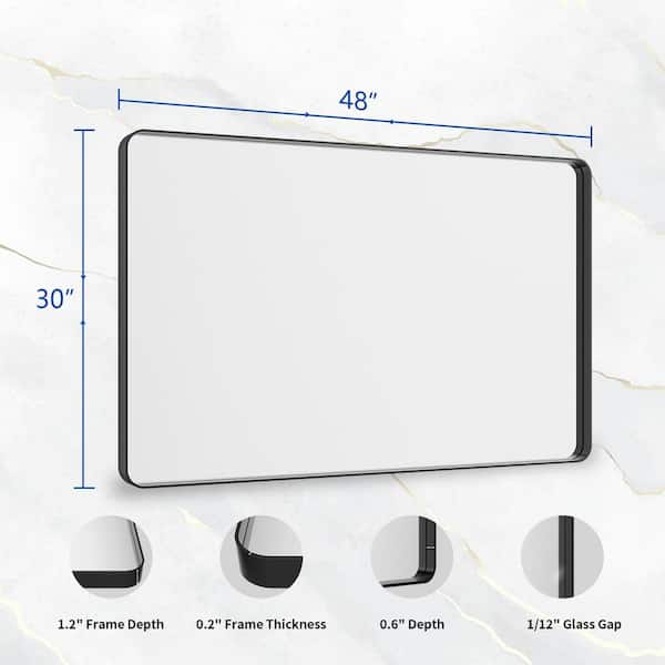 30 in. W x 48 in. H Rectangular Modern Aluminum Alloy Framed Rounded Black Wall Mirror