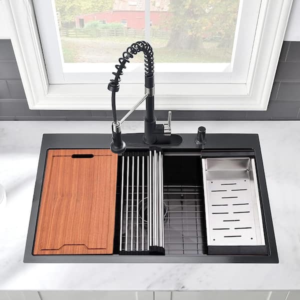 PROOX Matte Black Stainless Steel 33 in. Single Bowl Drop-In Kitchen Sink with All-in-One Accessory Set
