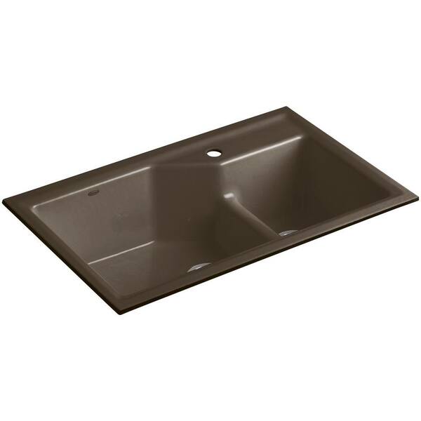 KOHLER Indio Smart Divide Undermount Cast Iron 33 in. 1-Hole Double Bowl Kitchen Sink Kit in Suede