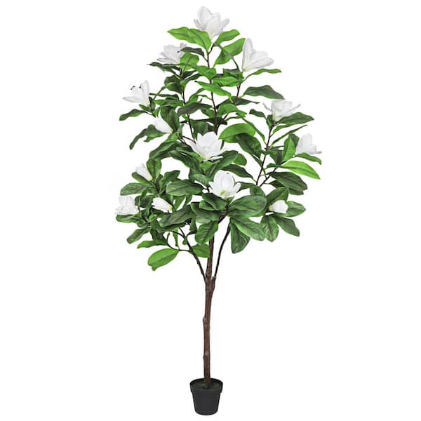 6 ft. Real Touch White Artificial Magnolia Flower Tree in Black Pot