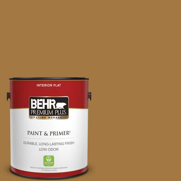 BEHR PREMIUM PLUS 1 gal. #310F-6 Goldenrod Tea Flat Low Odor Interior Paint & Primer