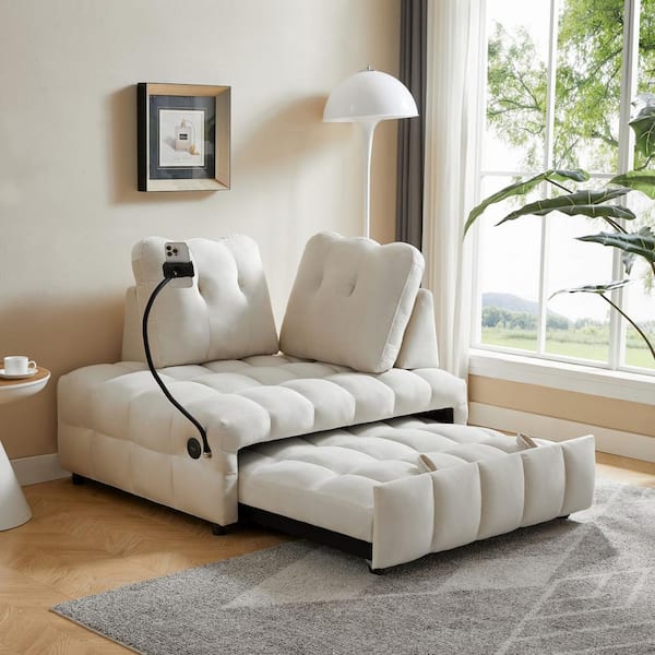 J&E Home 48.42 in. W Beige Velvet Twin Size Reversible Sofa Bed