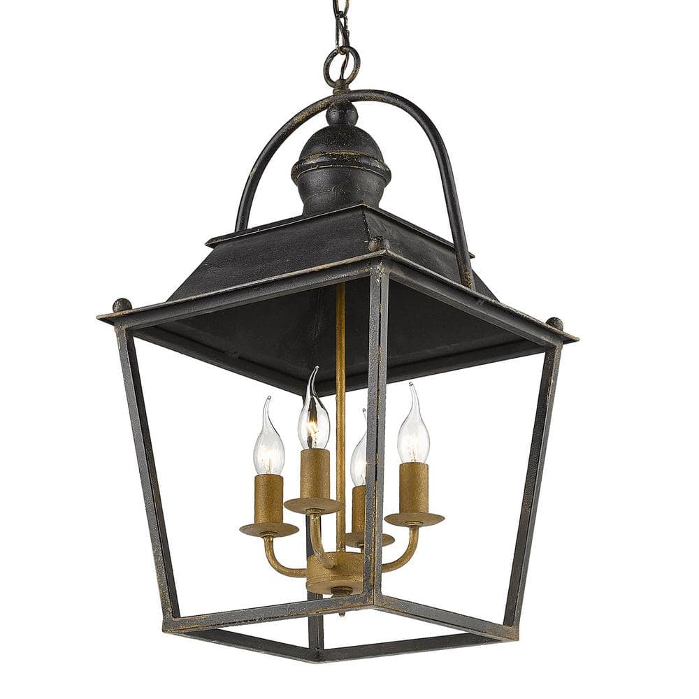 Transitional Antique Black Iron 4-Light Candelabra Pendant