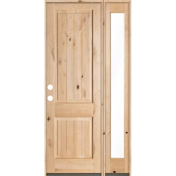 Krosswood Doors 44 in. x 96 in. Rustic Unfinished Knotty Alder Sq-Top VG Right-Hand Right Full Sidelite Clear Glass Prehung Front Door