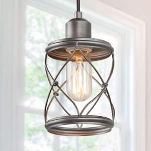 Modern Farmhouse Gray Mini Pendant Light with Dark Pewter Geometric Drum Metal Wire Cage, 1-Light Rustic Fixture for DIY