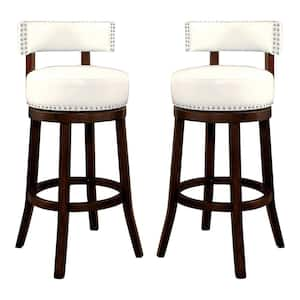 Swarthmore 30 in. Dark Oak and White Faux Leather Low Back Wood Swivel Bar Stool with Nailhead Trim (Set of 2)