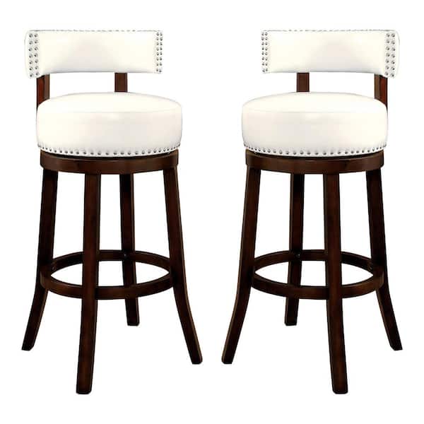Swarthmore 30 in. Dark Oak and White Faux Leather Low Back Wood Swivel Bar Stool with Nailhead Trim (Set of 2)