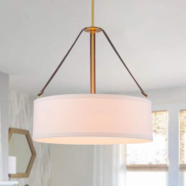 Y'INSP 60-Watt 4 Light Brass Modern Drum Pendant Light Adjustable Hanging Chandelier Ceiling Light with White Fabric Shade