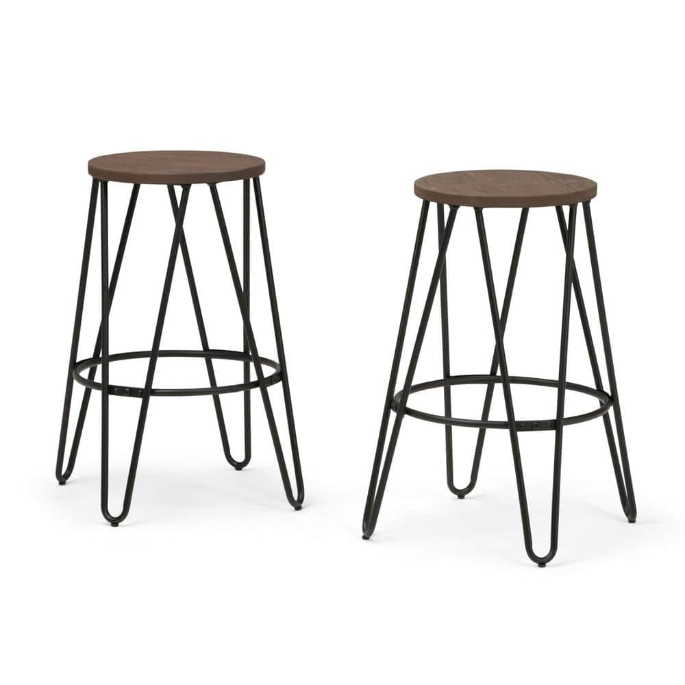 Simeon 26" Cocoa Brown and Black Metal Counter Stools with Elm Wood Seat