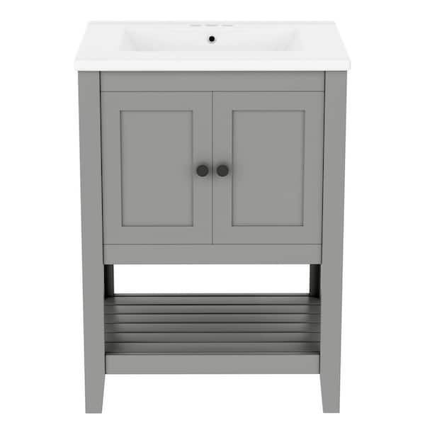 Virubi 24 in. W Gray Single Bath Vanity with White Ceramic Top, Open Style Shelf