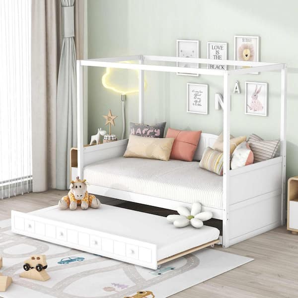Polibi White Twin Size Canopy Daybed with Twin Size Trundle
