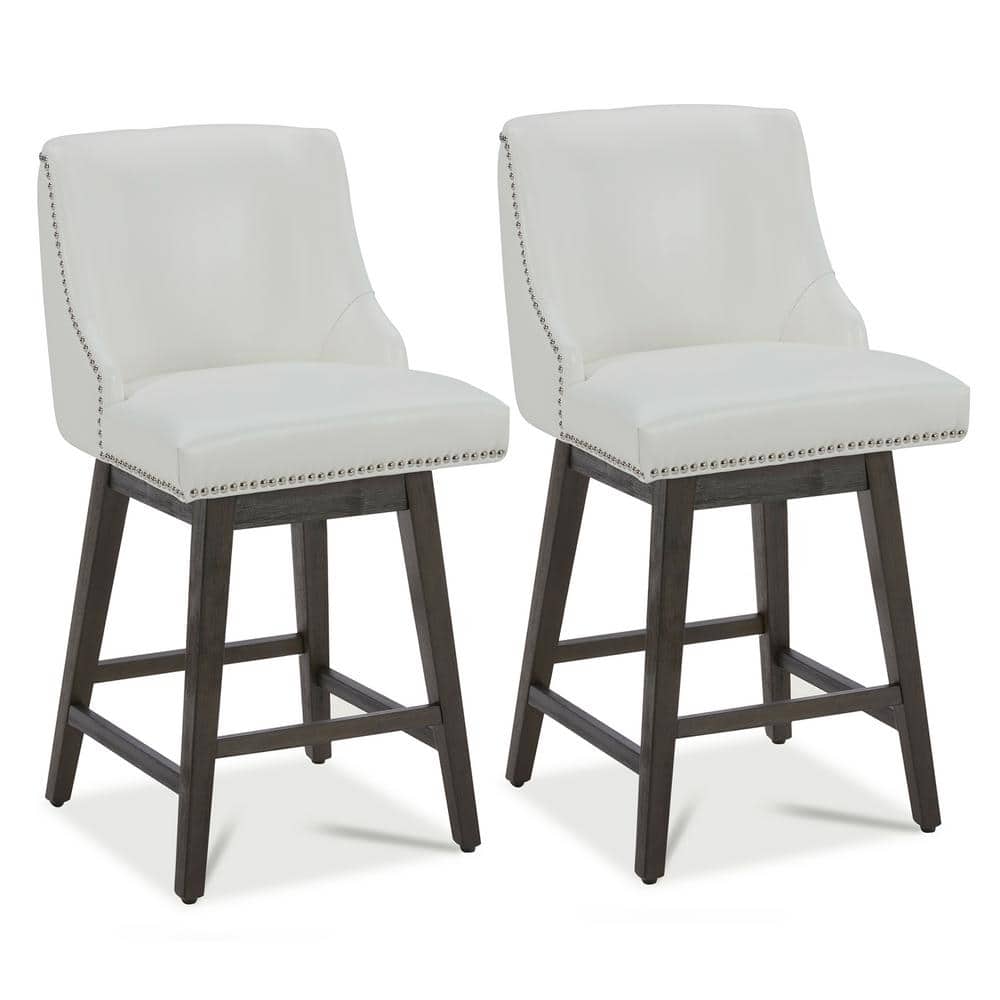 White Faux Leather Swivel Counter Stools with Espresso Wood Frame, Set of 2