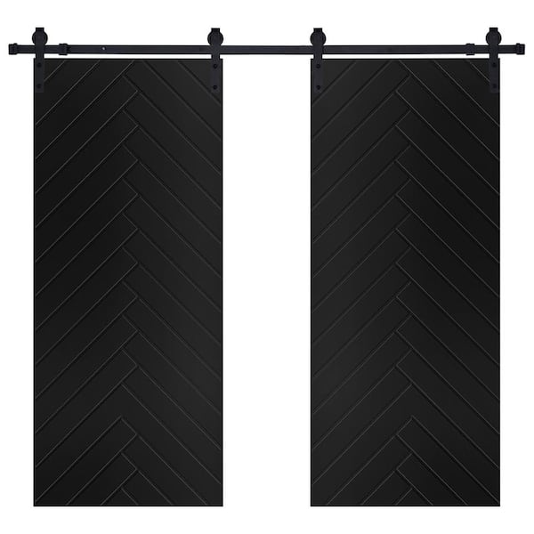 AIOPOP HOME Modern Herringbone Designed 48 in. x 84 in. MDF Panel Black Painted Double Sliding Barn Door with Hardware Kit