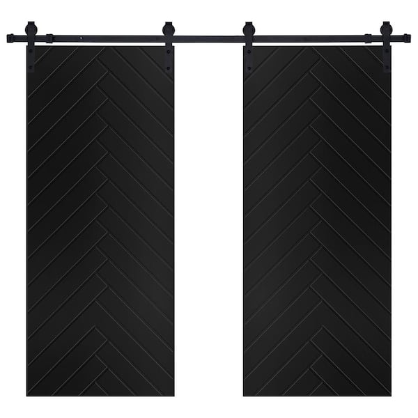 AIOPOP HOME Modern Herringbone Designed 48 in. x 84 in. MDF Panel Black Painted Double Sliding Barn Door with Hardware Kit