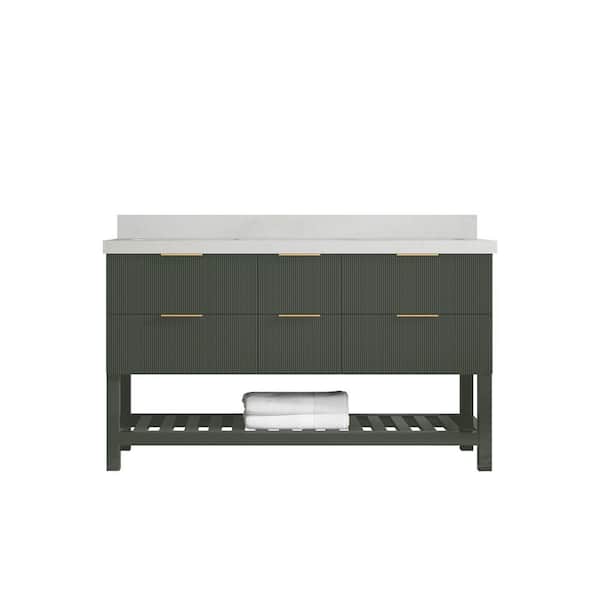 Willow Collections Catalina 60 in. Double Sink Freestanding Pewter Green Bath Vanity with Carrara Qt. Top Unassembled