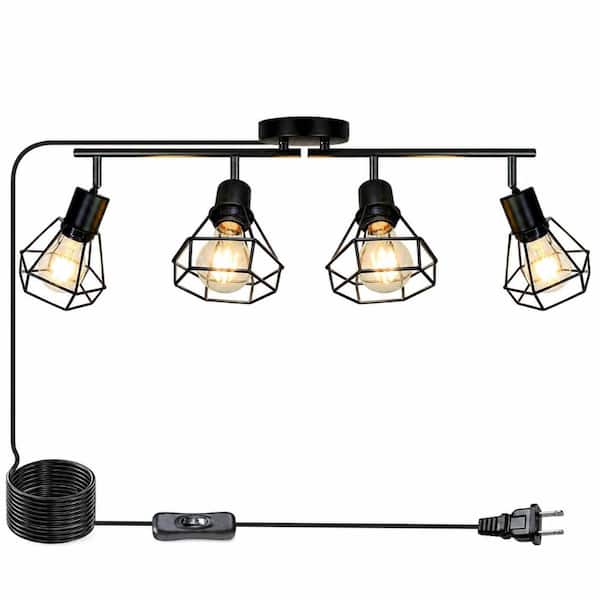 Adjustable 4 Light Black Directional Standard Light Bulb Fixture Plug In Ceiling Track Lighting Kit with Geometric